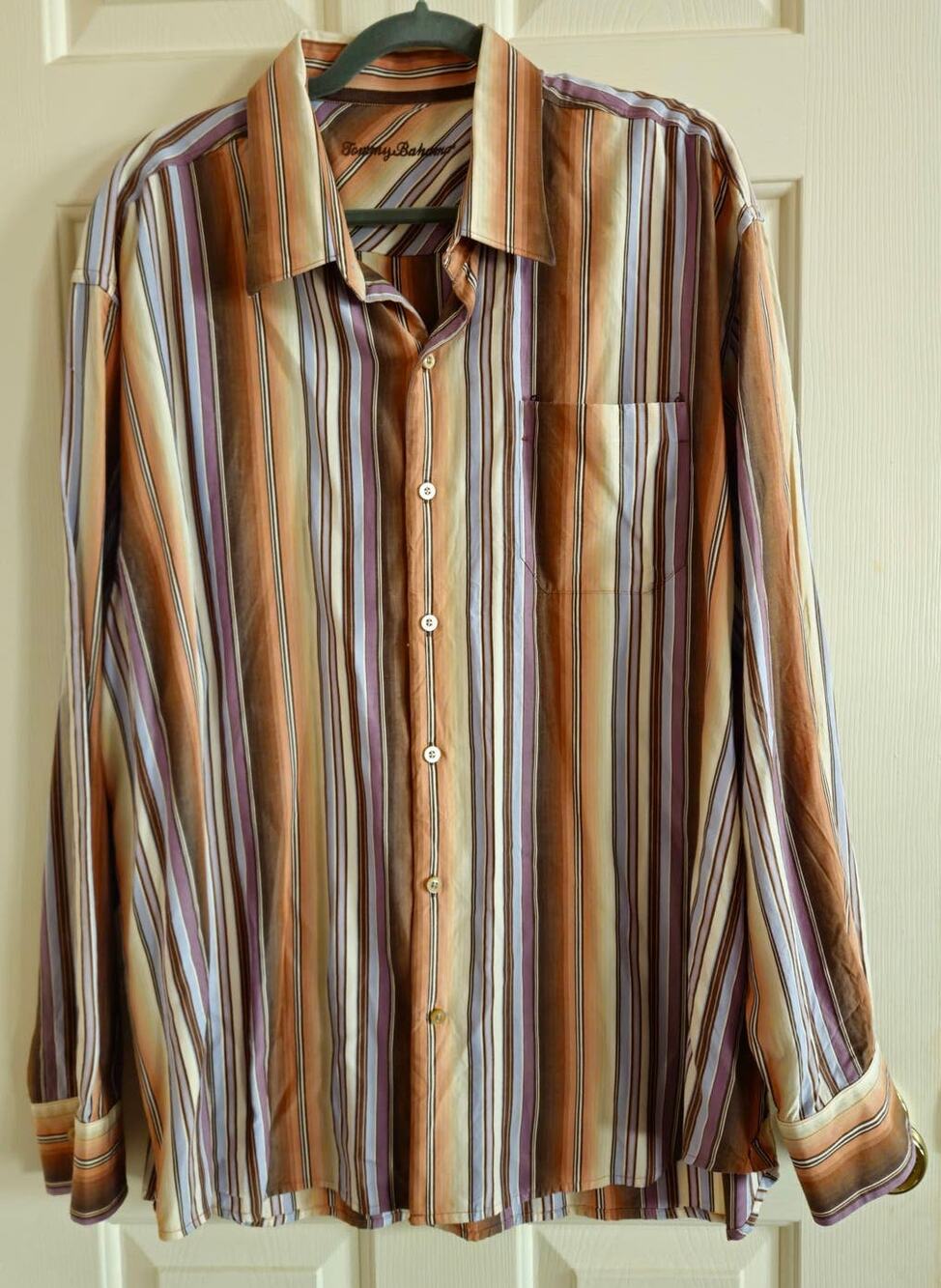 Tommy Bahama Men's Long Sleeve Button-down Shirt 70% Silk Brown Stripe Size XXL